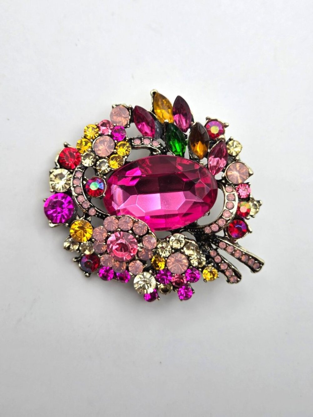 Vintage Multicolor Rhinestone Floral Brooch  Pink